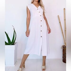 White midi dress with buttons and ruffle sleeves Size 2